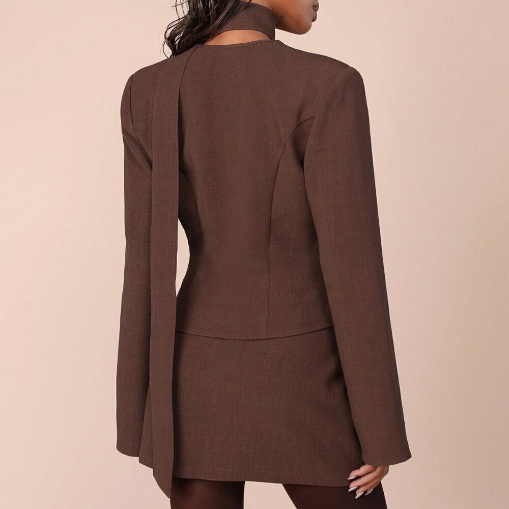 brown Casual Women's Long Sleeve Top And Skirt coord Set - Picture 2 of 8
